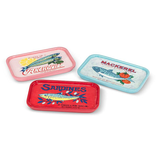 Three colourful ceramic tapas plates with fish illustrations and text on a white background.