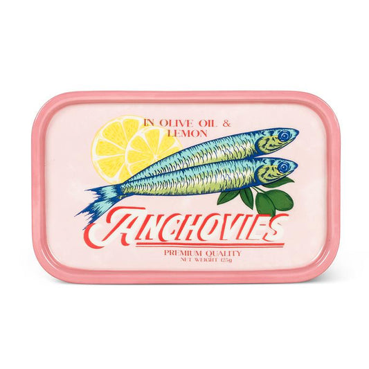 Ceramic plate with pink anchovies vintage illustration on a white background.