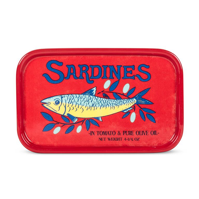 Ceramic plate with vintage sardines illustration on a white background.