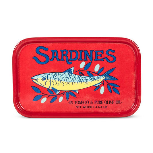 Ceramic plate with vintage sardines illustration on a white background.