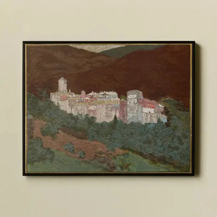 Mountain Village Landscape – Framed Canvas Wall Art