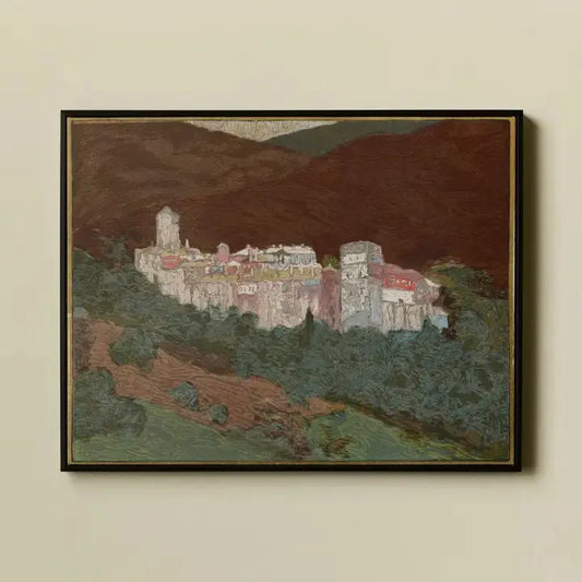 Mountain Village Landscape – Framed Canvas Wall Art