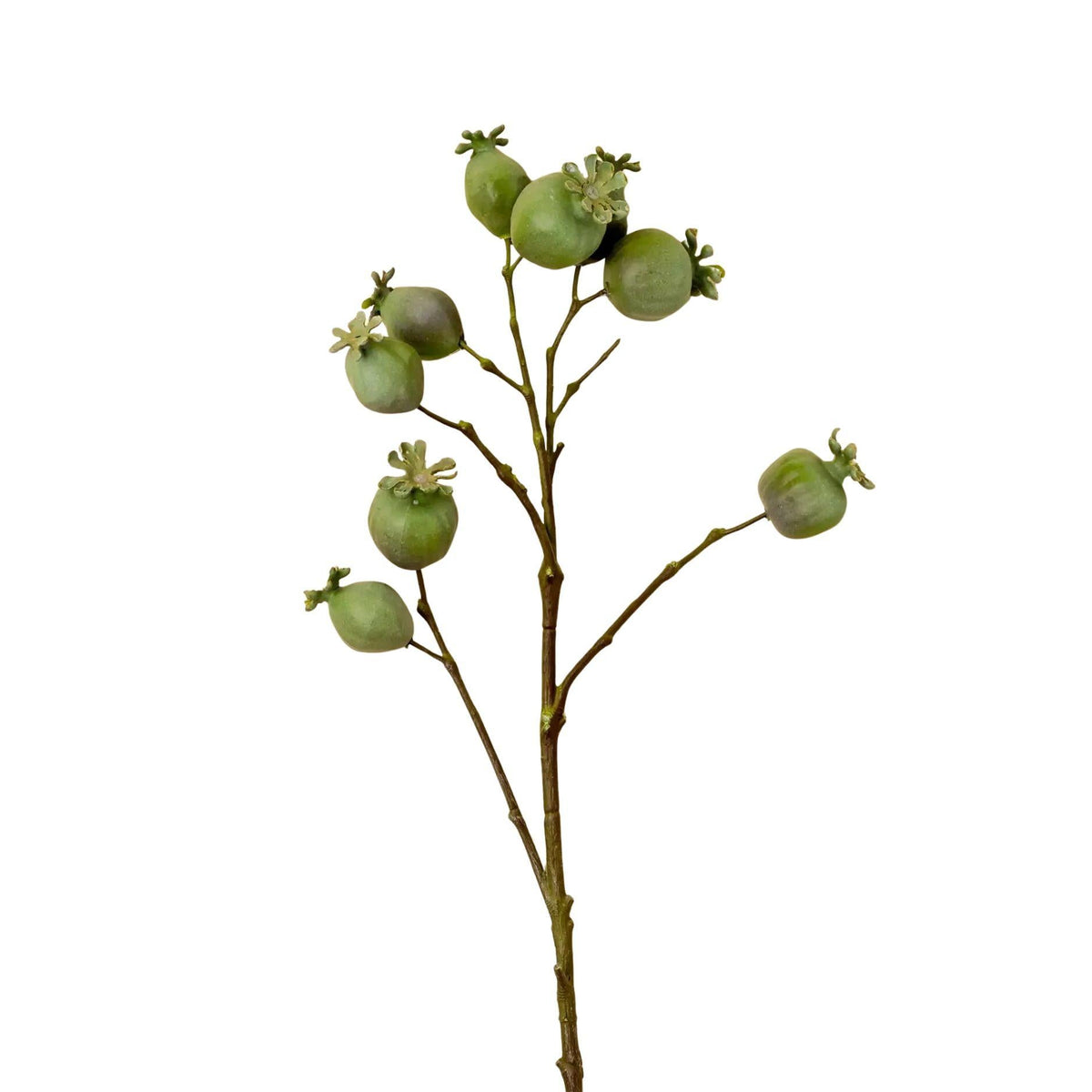 An artificial decorative branch featuring multiple green unripe berry-like fruits with small pale flowers at the tips, set against a solid white background.