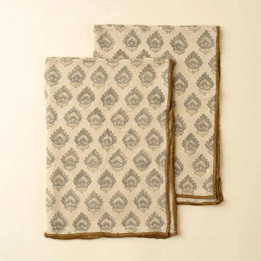 Grey Lotus Flower Block Print Tea Towels – Set of 2 - Petite Thuet & Co.