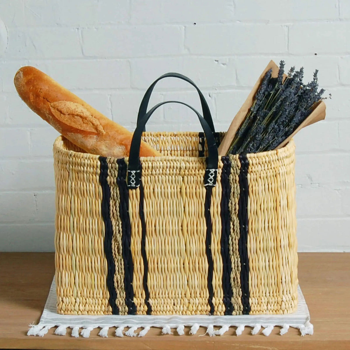 Indigo Stripe Woven Palm Market Bag - Petite Thuet & Co.