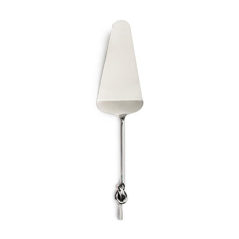 A stainless steel cake server with a long handle and a decorative knotted detail at the end, shown on a plain white background.
