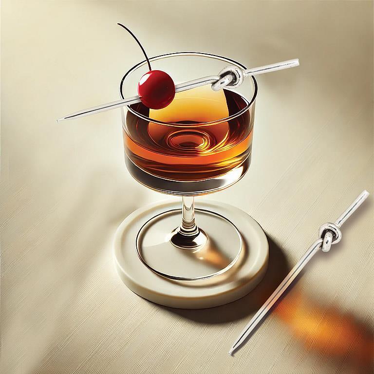 Cocktail with a cherry on a chrome cocktail pick, in a glass on a beige surface.