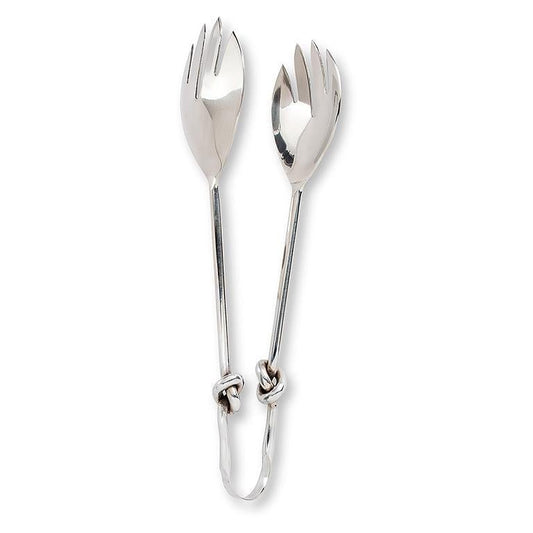 Pair of chrome knot salad servers on a white background.