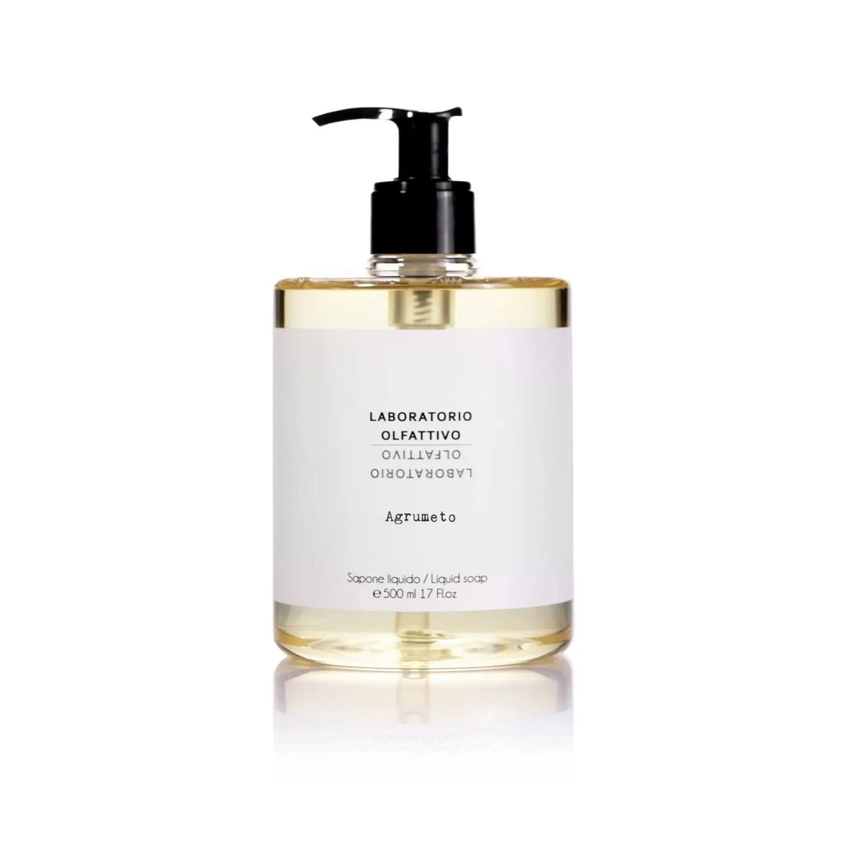 A 500 ml clear bottle of Agrumeto liquid soap with a black pump dispenser and a white label, set against a plain white background.