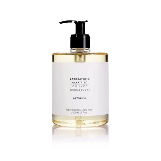 A 500 ml clear bottle of Agrumeto liquid soap with a black pump dispenser and a white label, set against a plain white background.