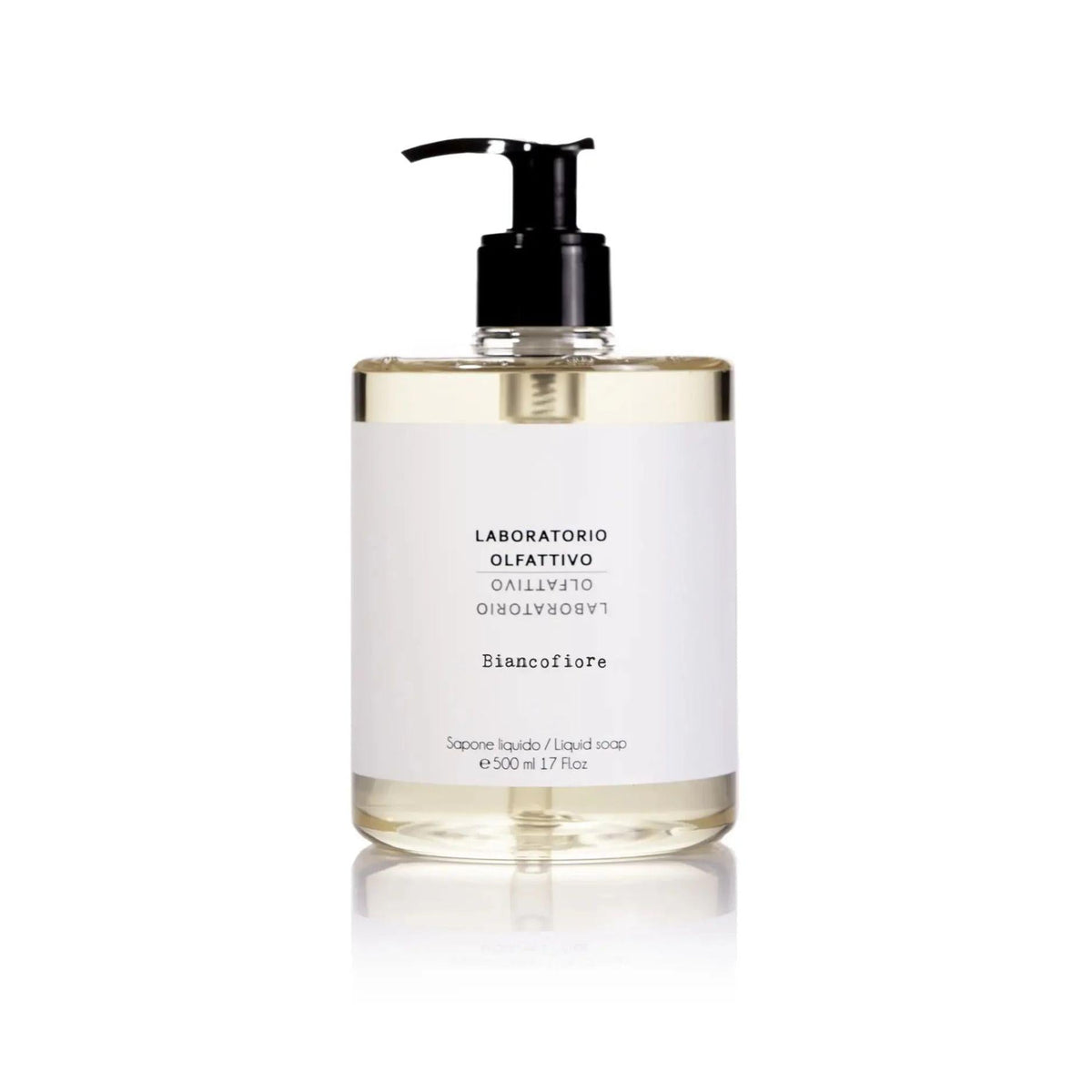 A 500 ml clear bottle of Biancothé liquid soap with a black pump dispenser and a white label, set against a clean white background.