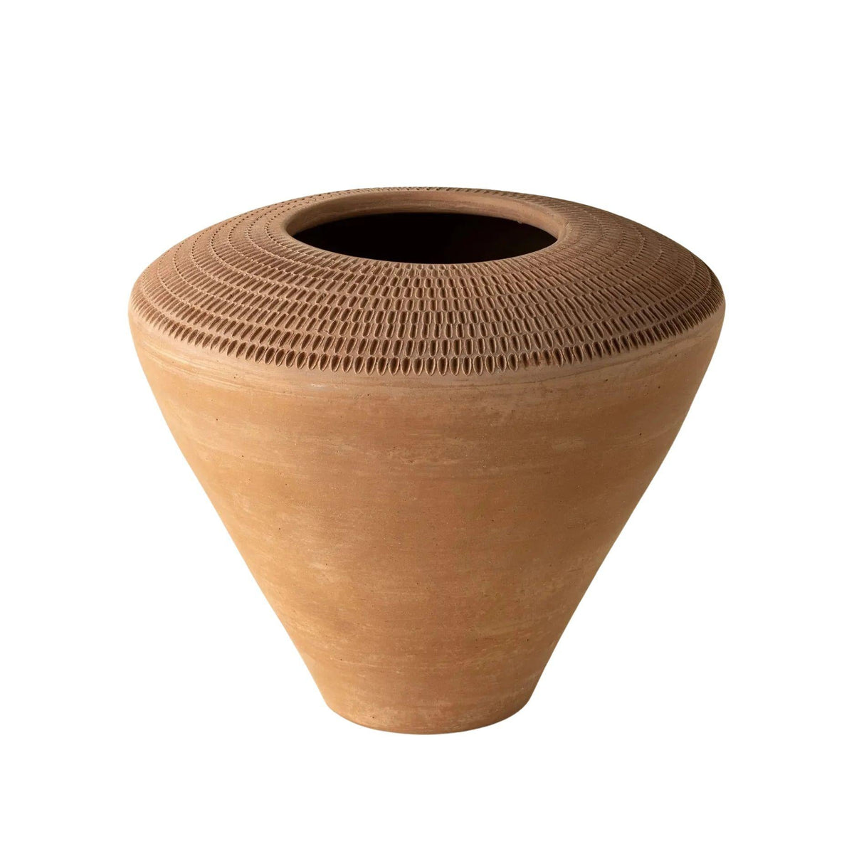 A terracotta clay pot with a conical shape and a textured, ribbed pattern around the upper portion, shown on a plain white background.