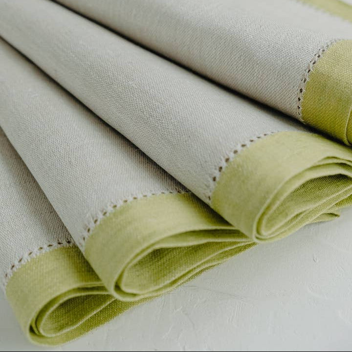 Linen Hemstitch Dinner Napkin Set, Oat & Pistachio - Petite Thuet & Co.