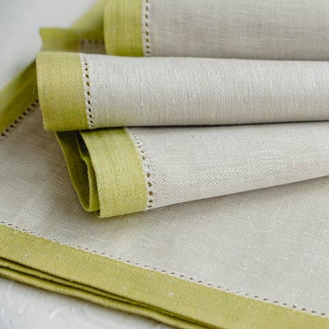 Linen Hemstitch Dinner Napkin Set, Oat & Pistachio - Petite Thuet & Co.