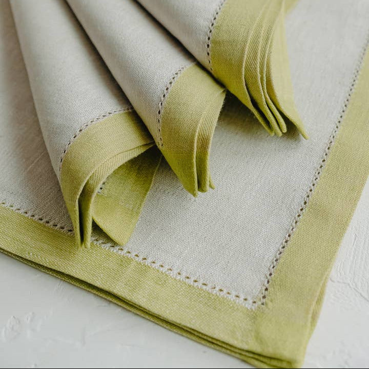 Linen Hemstitch Dinner Napkin Set, Oat & Pistachio - Petite Thuet & Co.