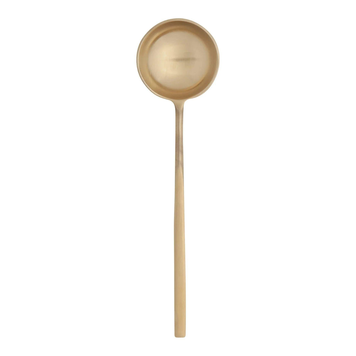 A single long-handled gold-coloured spoon, shown vertically against a plain white background.