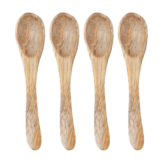 Four small wooden spoons with visible natural wood grain, arranged vertically side by side on a plain white background.