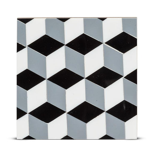 A square mosaic-patterned coaster in black, white, and gray cubes, shown on a plain white background.
