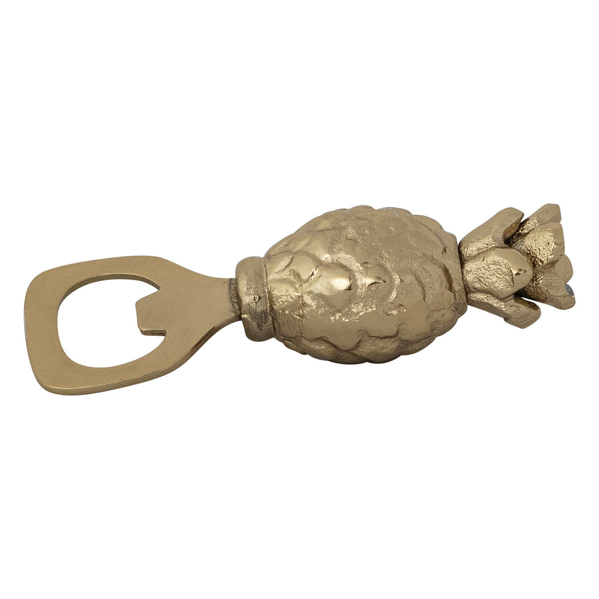 Gold pineapple-shaped bottle opener on a white background.