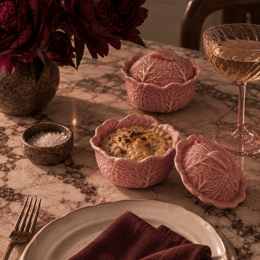 A styled dining table scene with a pink textured ceramic ramekin holding baked cheesy food, its matching lid beside it, a glass of white wine, a small bowl of coarse salt, and a vase of dark red flowers in the background.