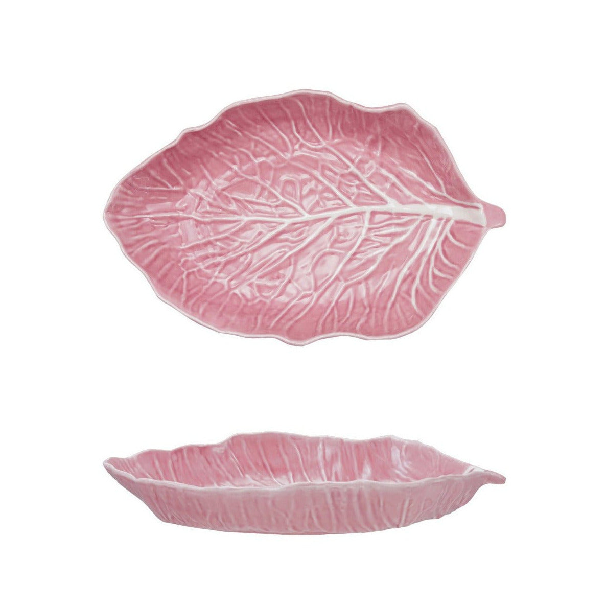 A pink cabbage leaf-shaped ceramic dish shown from two angles: a top-down view with raised leaf veins and a side profile view below, on a plain white background.