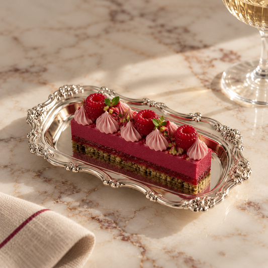 A rectangular slice of raspberry mousse cake on an ornate silver plate, decorated with piped pink frosting, fresh raspberries, and mint leaves, set on a marble surface with a wine glass in the background.