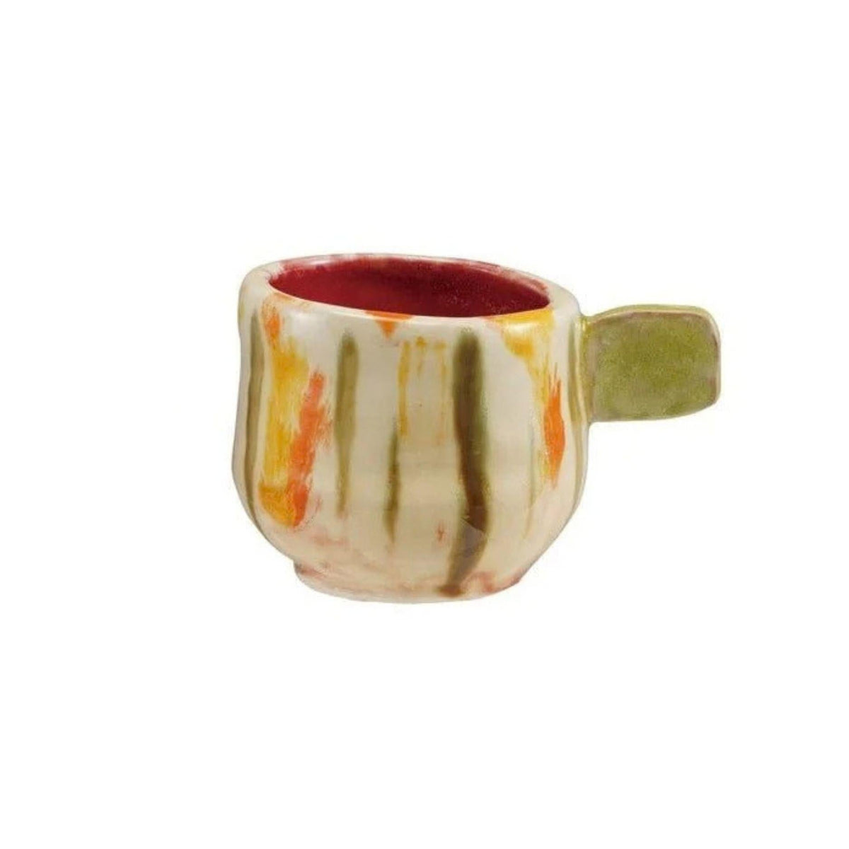 A small ceramic mug with a rounded body, a green handle, and a deep red interior, decorated with vertical orange and olive-green brushstroke patterns on a cream base.