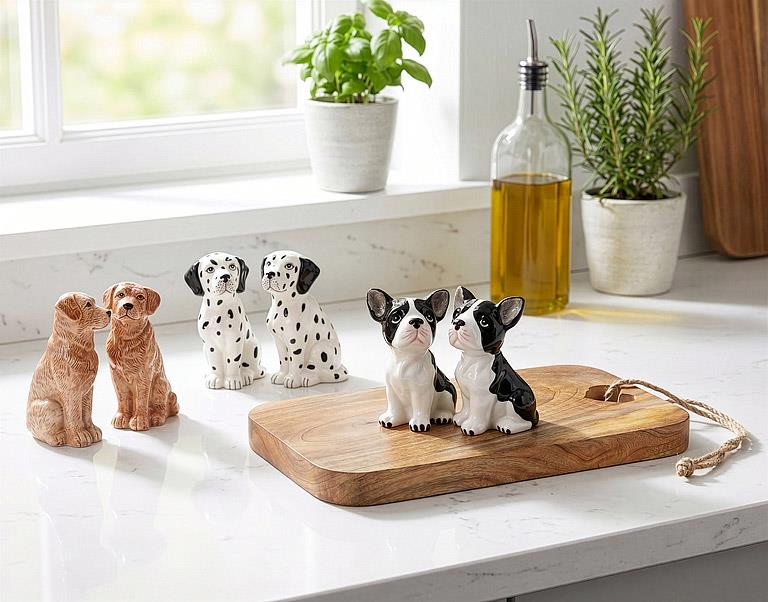A set of ceramic dog figurines arranged on a wooden cutting board and a white marble countertop in a bright kitchen setting. Pictures are two golden retrievers, two Dalmatians, and two black-and-white Boston Terrier dogs.