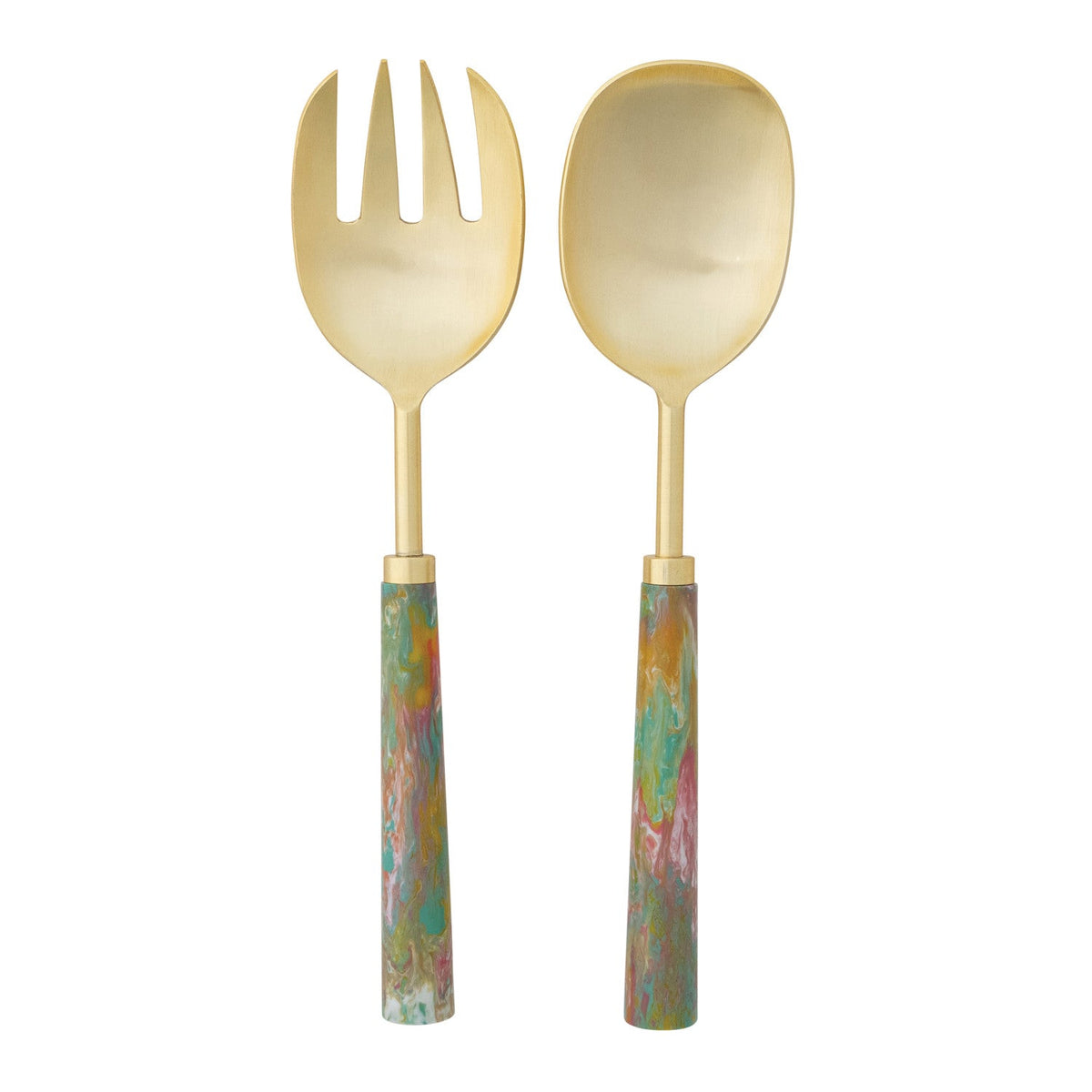 Gold salad server set with colourful marbled resin handles on a white background.