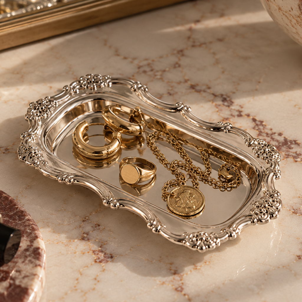 An ornate silver tray holding gold jewelry, including rings and a coin pendant, set on a beige marble surface with a mirror in the background.