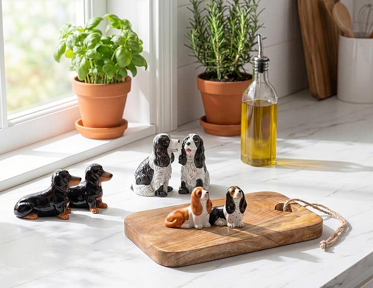 A set of ceramic dog figurines arranged on a white marble kitchen counter near a window, with potted basil and rosemary, a glass oil bottle, and a wooden cutting board nearby.
