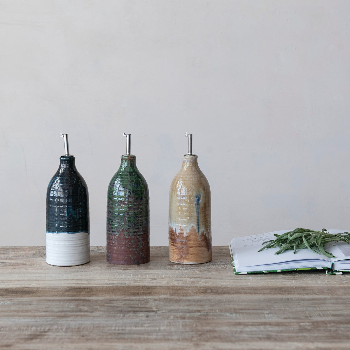 Stoneware Oil Dispenser, Blue
