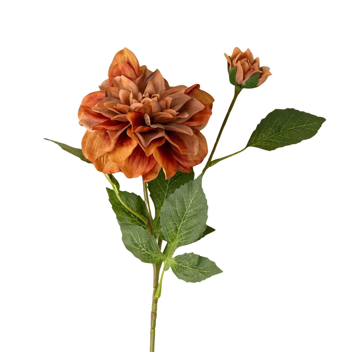 An artificial orange-brown dahlia flower stem with green leaves and a small bud, isolated on a white background.