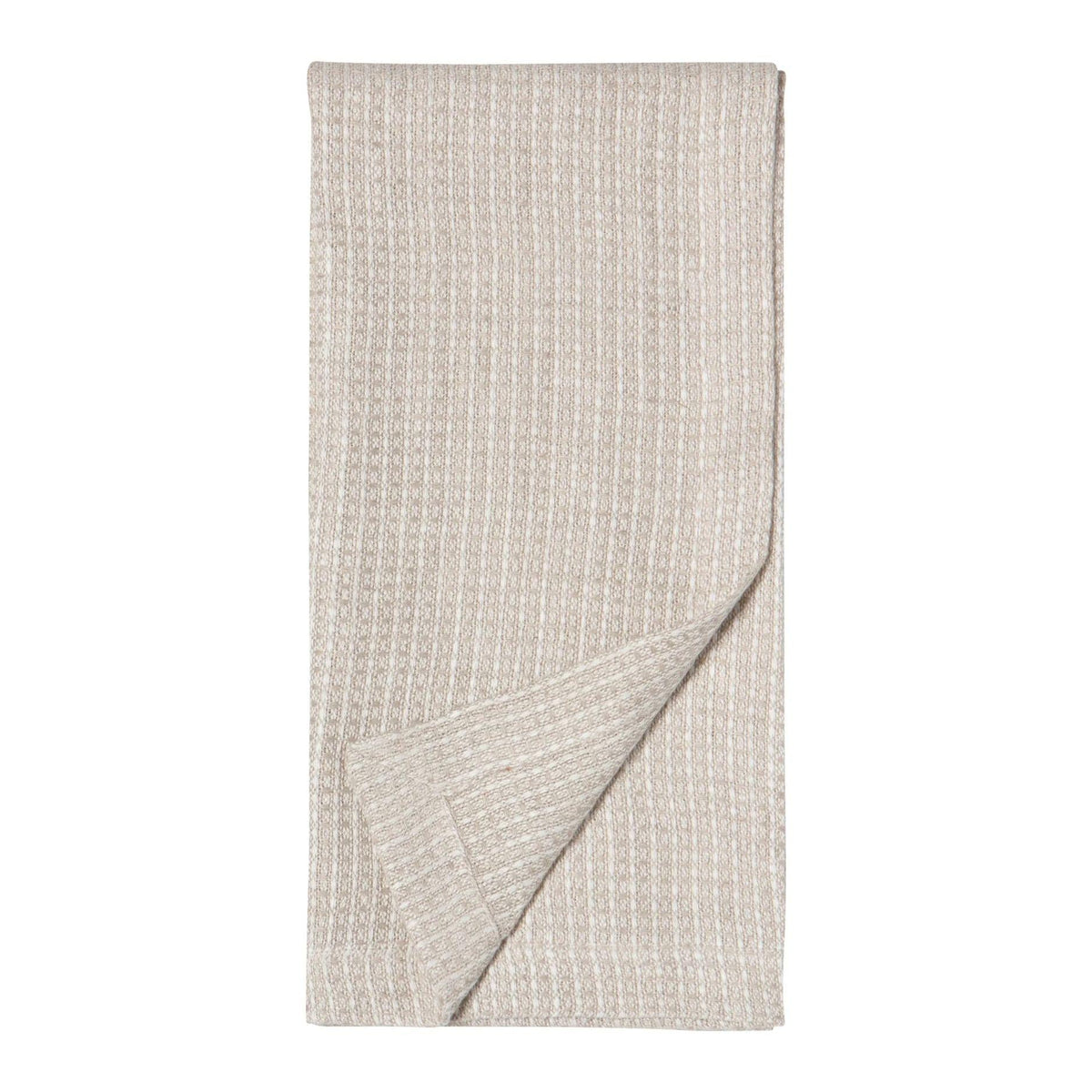 A folded beige textured sauna hand towel with a woven waffle pattern, shown on a solid white background.