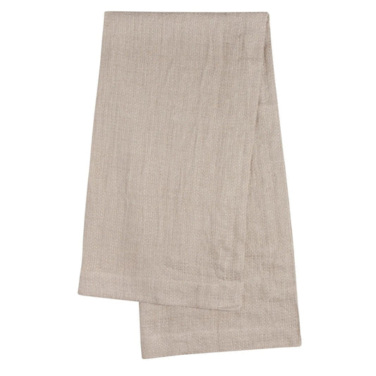 A folded beige linen sauna towel with a visible woven texture, presented on a solid white background.
