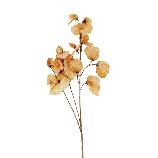 A single artificial dried flower stem with multiple round, crumpled petals in warm tan and light brown tones on a plain white background.